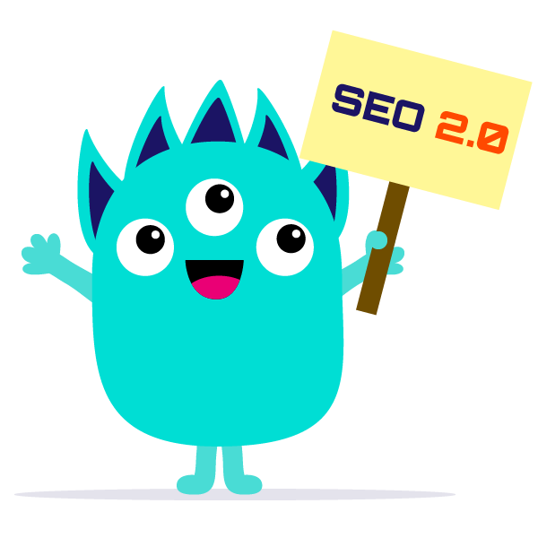 Monster holding an SEO 2.0 sign